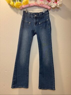 Women's Dark Blue Flare Jeans with Front Patch Pockets